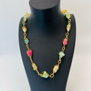 Boho Wire Wrapped Stone Necklace Gold Tone Colorful Nugget Links